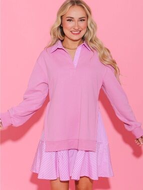 Entro SOLID LONG SLEEVE TWOFER MINI DRESS IN PINK